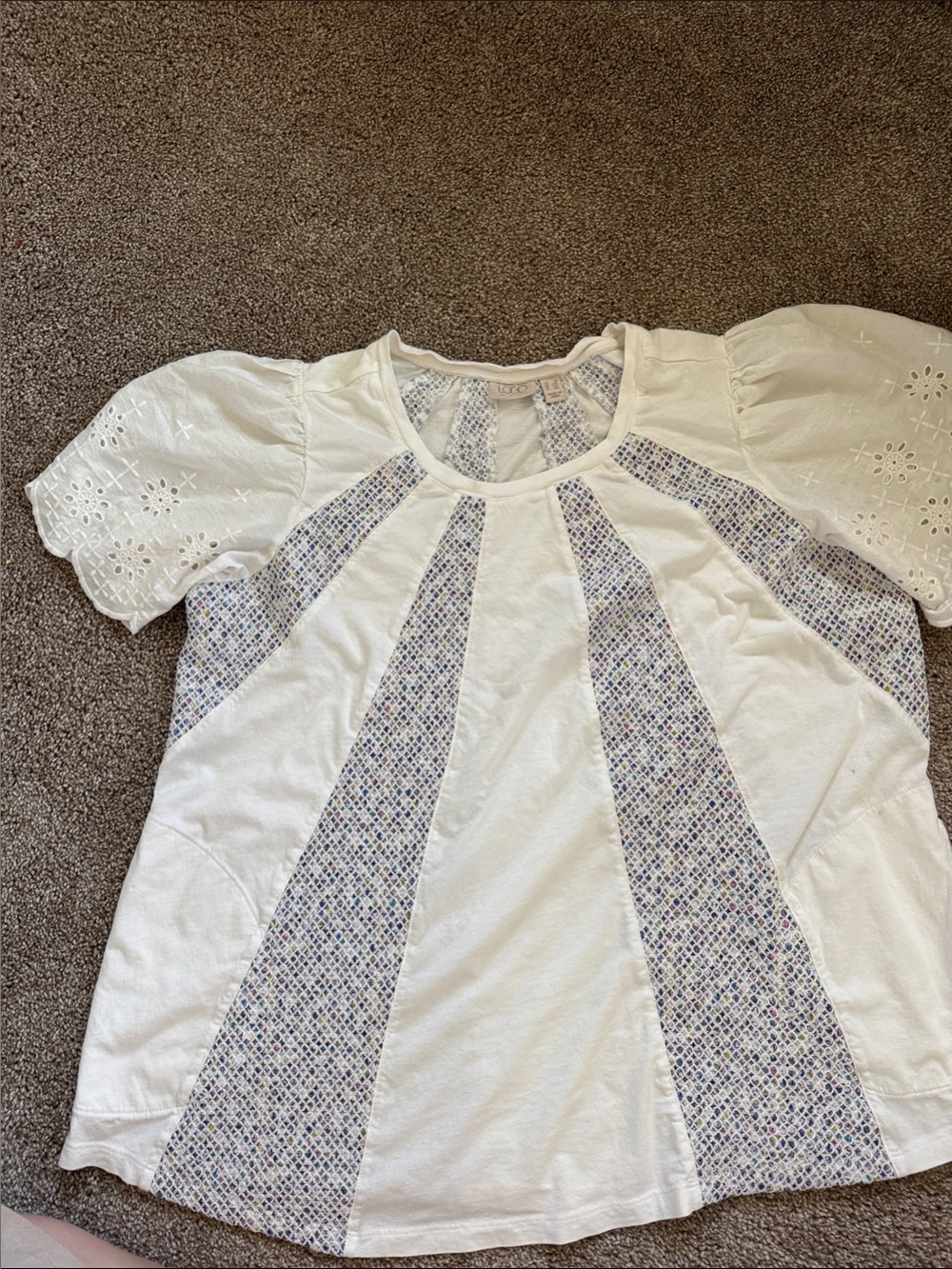 LOGO White‎ Eyelet Sleeve Mixed-Panel Blouse Size 1X Pretty Boho Flowy